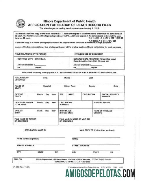 Certidão de Óbito do Departamento de Saúde Pública de Illinois dos EUA modelo